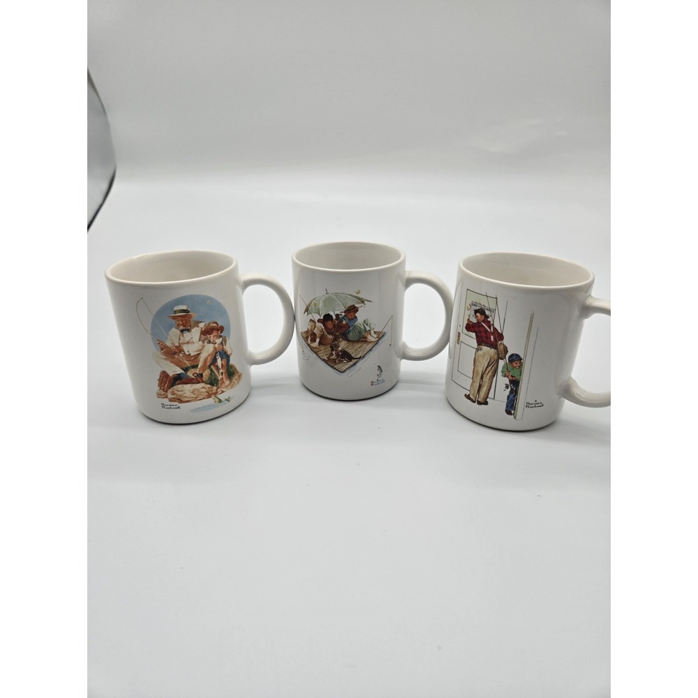 Lot of 3 Vintage Norman Rockwell Porcelain Coffee Mugs 1987 Fishing 12 oz Japan
